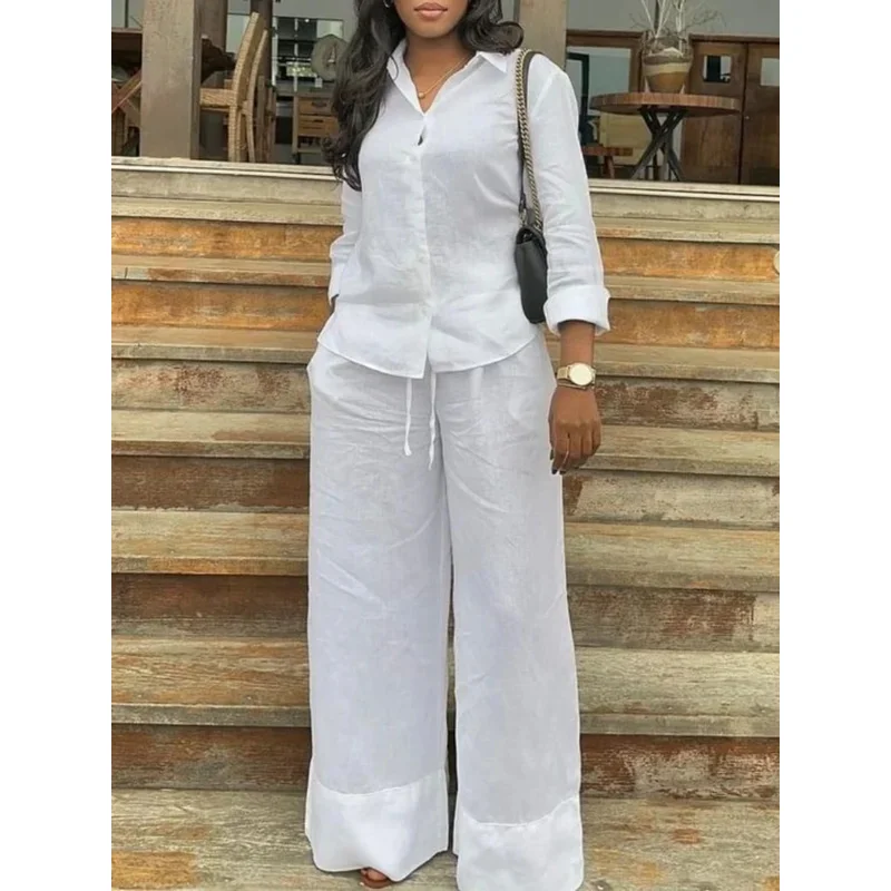 

Linen Women's Suit Solid Color Button Lapel Shirt Loose Long Pocket Pants Casual Fashion Spring Summer Outfit for Women