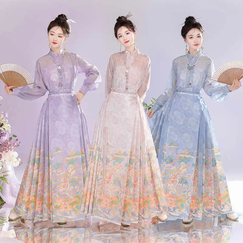 Spring and summer thin Ming-made horse dress set, printed improved Hanfu women's daily commuting new Chinese two-piece set
