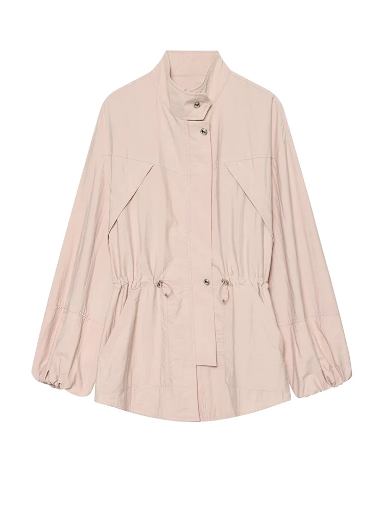 HH Women Spring Stand Collar Field Jacket Drawstring Waist Lantern Snap Button Placket Loose Fit Casual Outdoor Commute Coat