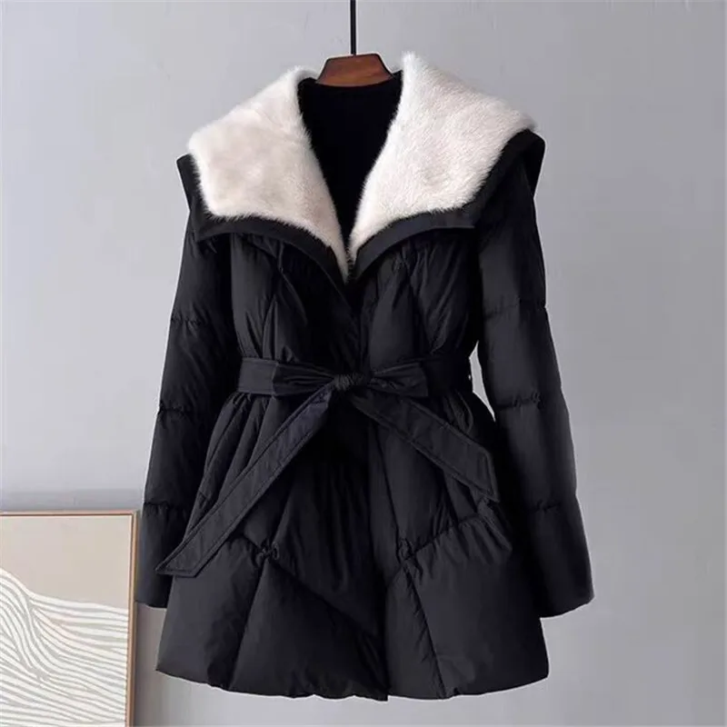 2025 new Mink fur collar down jacket women winter Parkas high-end fashion warm Mid-Length coat female Casual loose overcoat T621