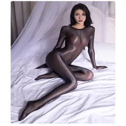 Sexy Women Shiny Crotchless Bodysuit Sheer Open Crotch Long Sleeve Teddies Bodysuit Bodystockings Silky Full Body Suit Jumpsuit