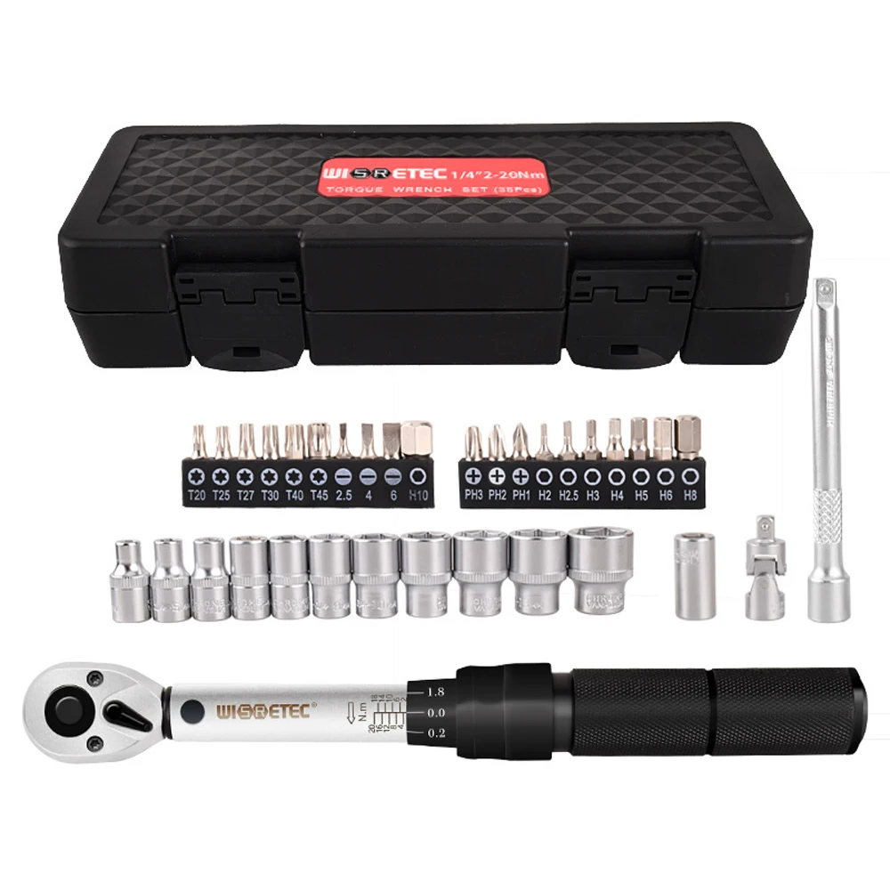 2-20Nm 1/4 Preset Torque Wrench Socket Bit Combination 35 in 1 Household Sets Utility Kit Toolbox Hand Tool Sets Bicycle Fix