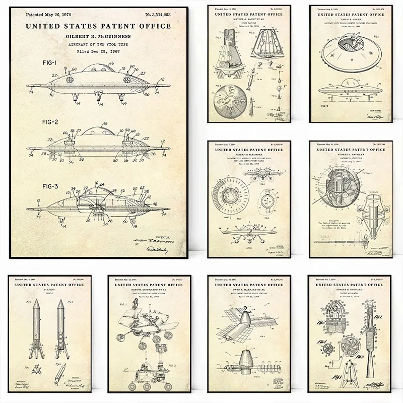 Vintage Flying Saucer UFO Blueprint Poster Outer Space Spaceship Wall Art Home Decor Rotating Jet Aircraft Space Capsule Print
