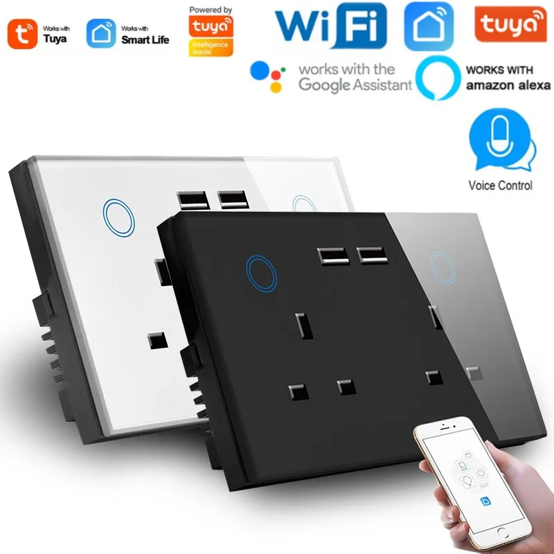 WiFi Wall Socket&USB Charger Universal Plug&UK Standard Tuya Smart Home Socket Crystal Glass Panel Work With Alexa