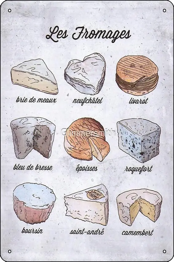 Die Käse von Frankreich Vintage Französisch Käse Guide Poster Metall Zinn Zeichen Spaß Home Art Wand dekoration 8x12 Zoll