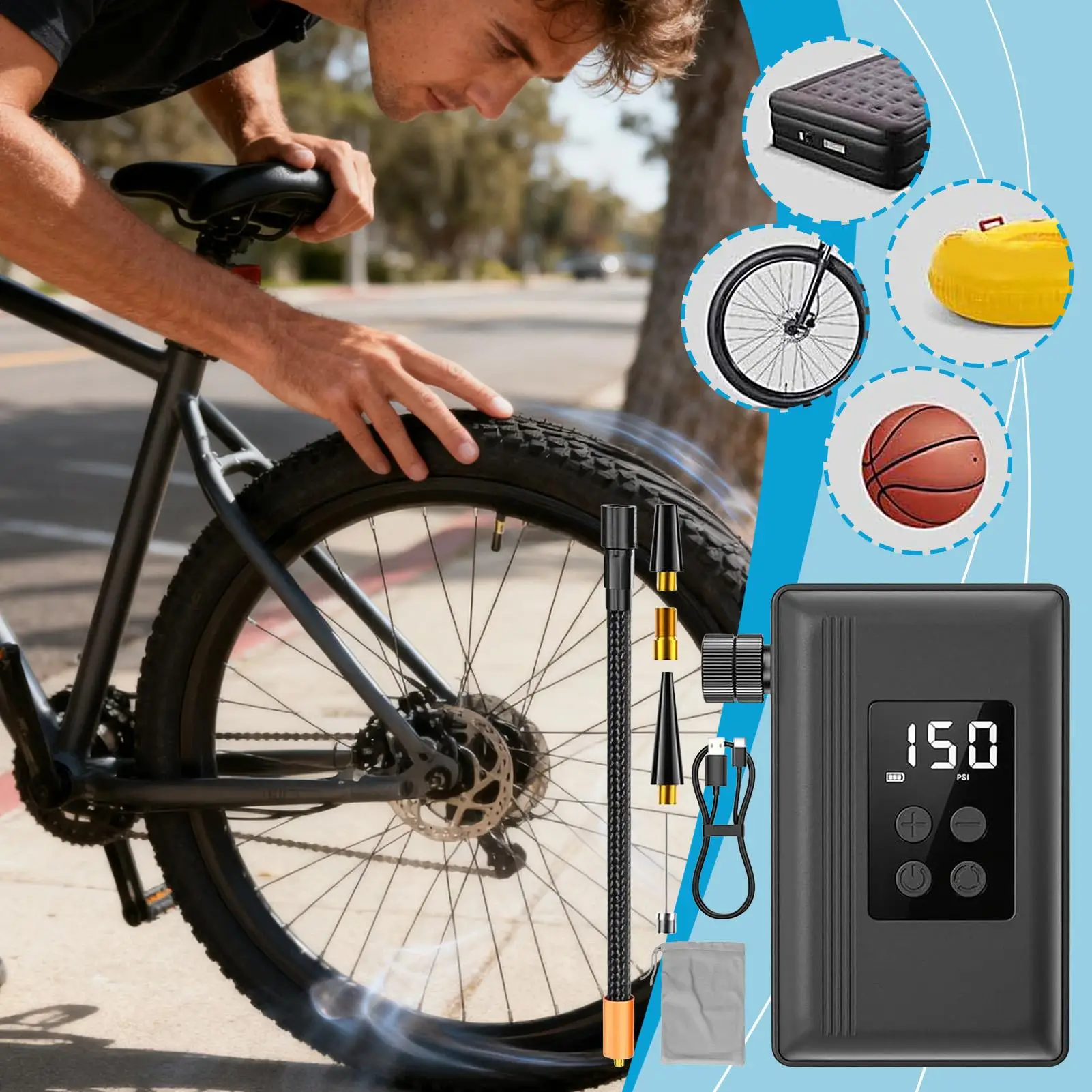 Draagbare pomp Auto-Off Oplaadbaar met manometer Draagbare fietspomp Elektrische bandenpomp voor mountainbiken op de weg