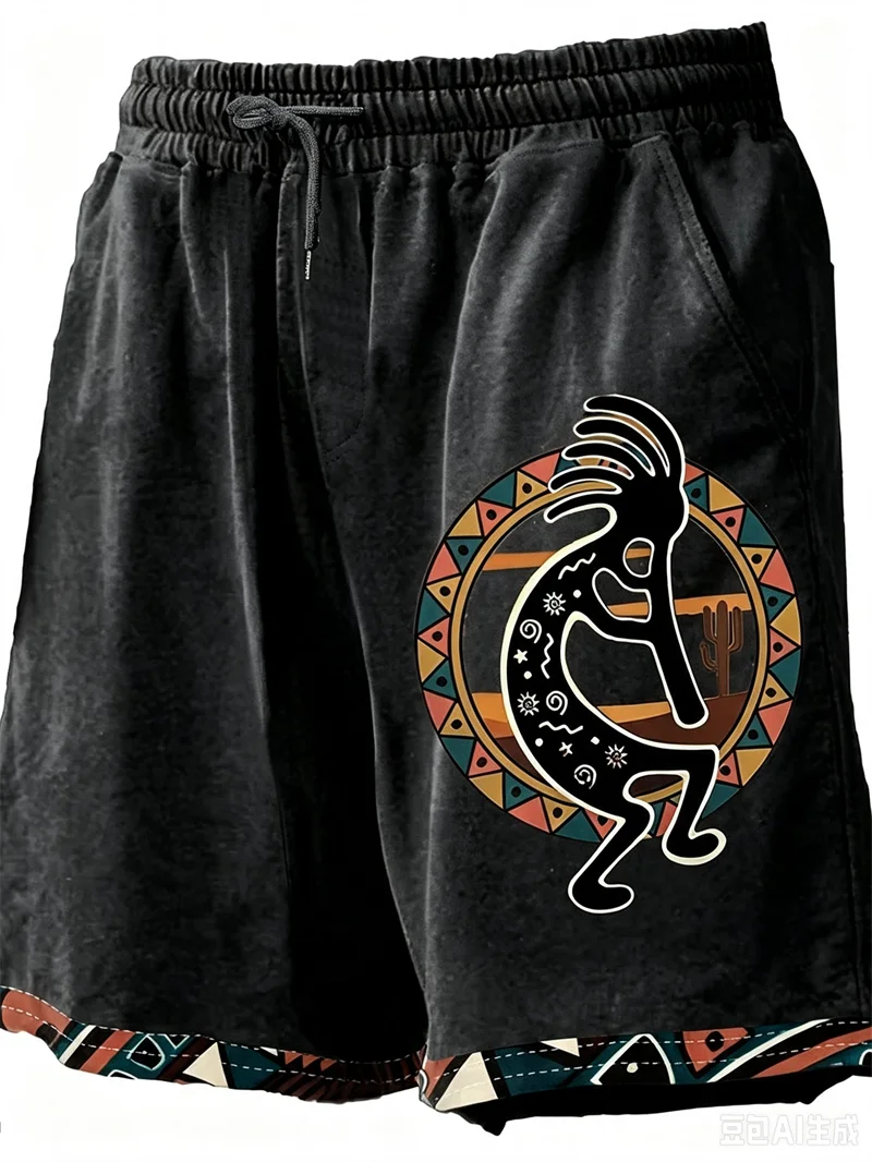 Vintage Summer Beach Shorts Unique Tribal Graphic Ethnic Geometric Elastic Drawstring Pockets Loose Casual Daily Short Trousers