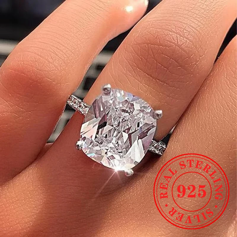 Huitan Luxury Cushion Shaped Cubic Zirconia Sterling Silver Rings Women Eternity Engagement Wedding Accessories Fine Jewelry