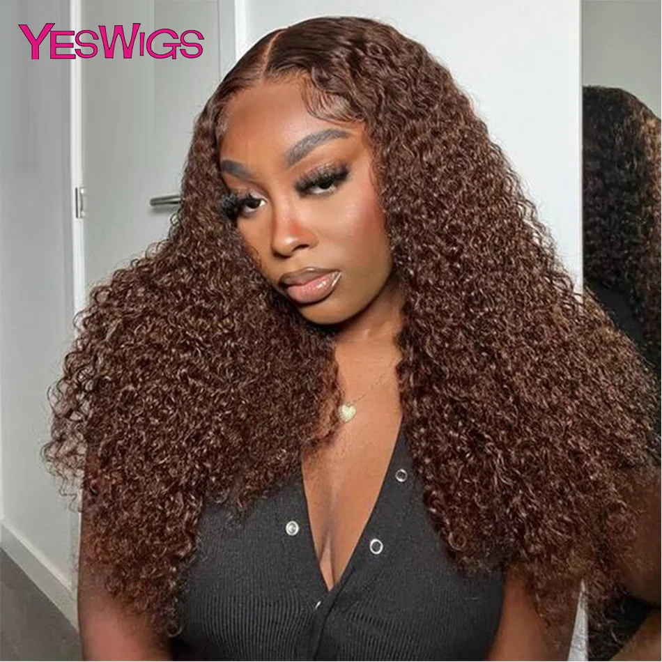 13x4 Deep Curly Chocolate Brown Lace Front Human Hair Wigs For Women Pre Plucked Colored Water Wave Transparent Lace Frontal Wig