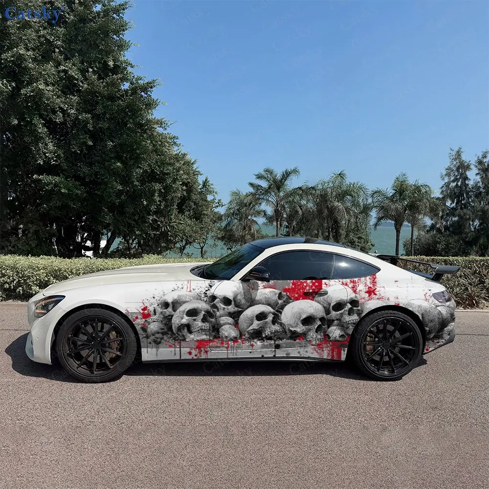 2pcs Multi-layer Skulls Red Ink Car Side Wraps, Self-Adhesive PVC Waterproof & Scratch-Resistant Stickers, Car Accessory Gift