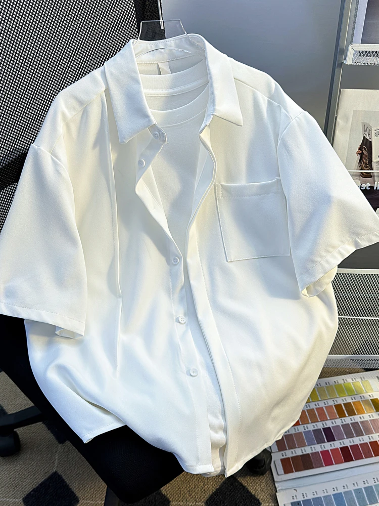 

Summer Thin Short Sleeve Pure Color Casual Shirt for Men Retro Korean Style Versatile Trendy Pocket Student Top Loose Fit Shirt