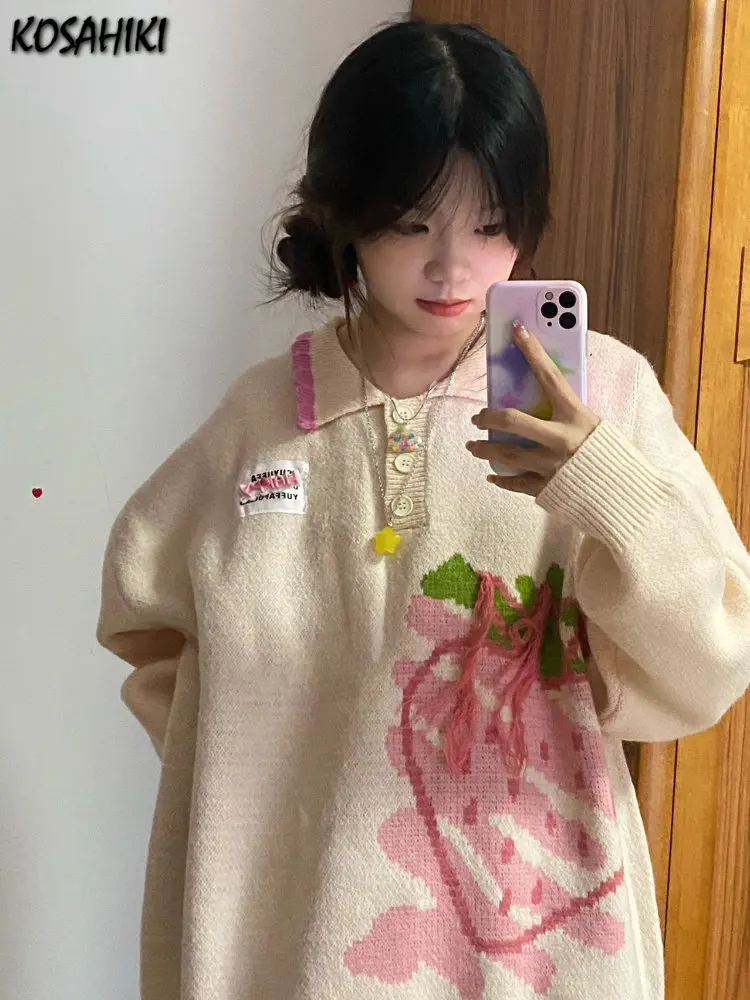 KOSAHIKI Japanese Kawaii Sweater Women Harajuku Knitted Jumper Loose Casual Strawberry Contrast Knitwear Tops Cute Streetwear