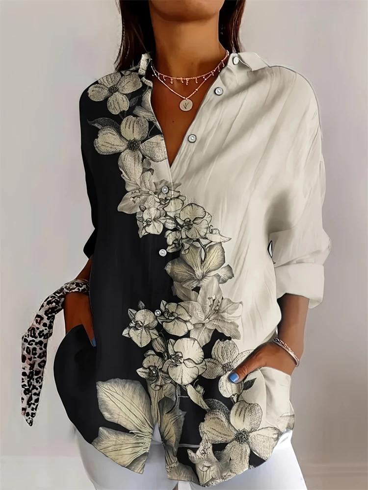 

2025 New Summer Casual Shirt Women's V Neck Tops Loose Size Long Sleeve Floral Printed Single Breasted Fashion Party Shirt
