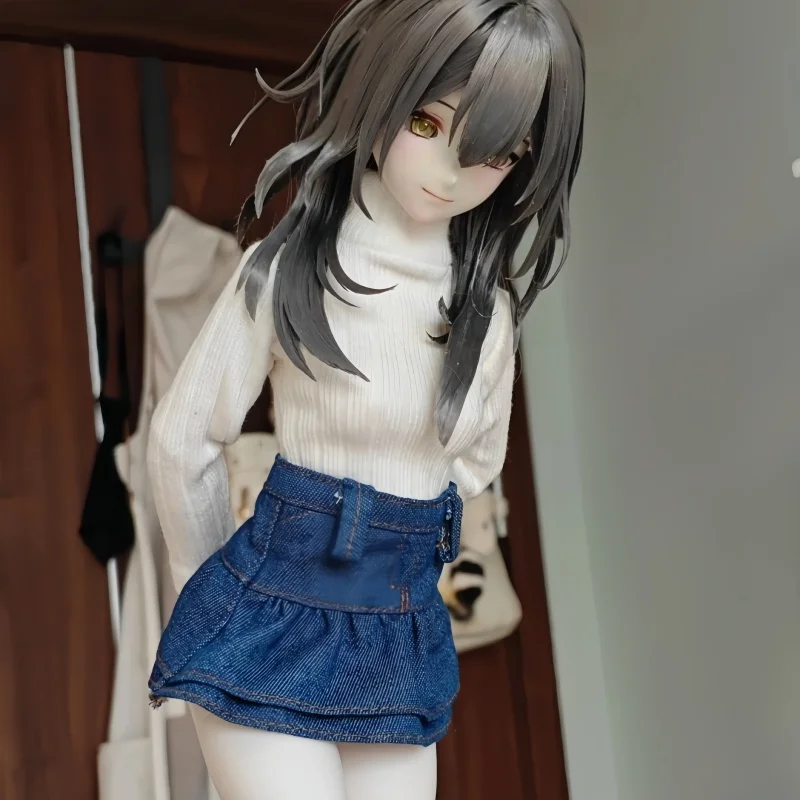 1/3 1/4 Scale BJD MSD Doll Clothes Set Vertical Rib Turtleneck Base Sweater Denim Ruffle Mini Skirt Knit Thigh High Socks
