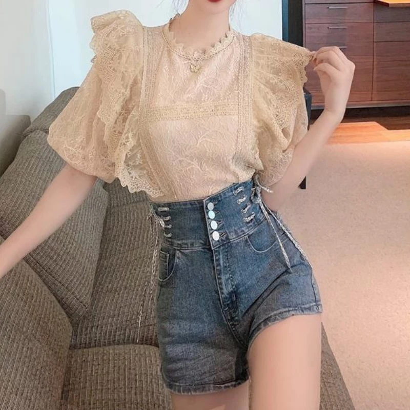 Korean Chiffon Ruffles Lace Sweet Shirts Women Puff Sleeve O-Neck Casual Elegant Fashion Retro All-match Slim Summer Chic Tops