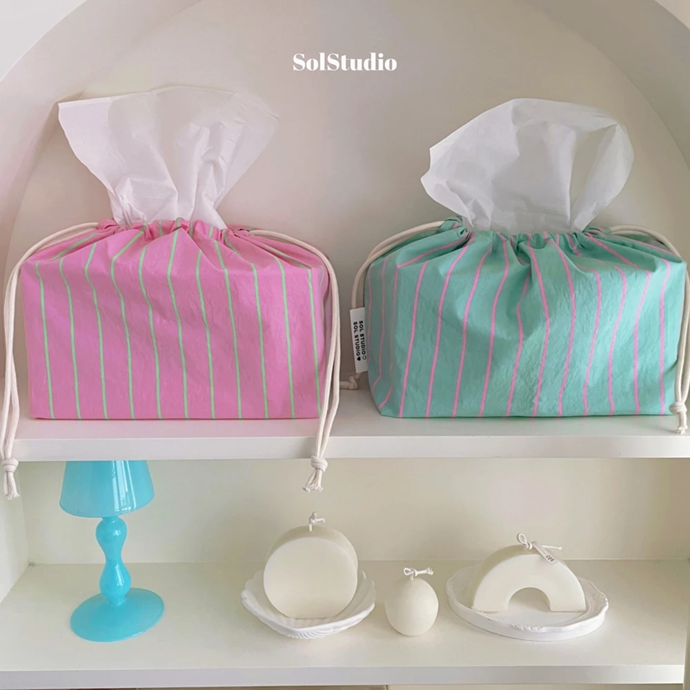 INS Colorful Paper Organizer Wipes Case Portable Tissue Box Draw Rope Tissue Storage Bag Car Pouch Outdoor Useful Korean