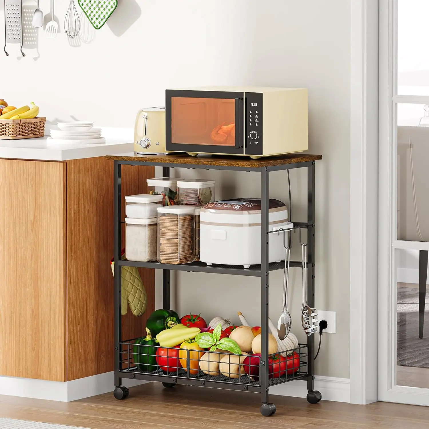 

Rolling Kitchen Microwave stand, 3-Tier Microwave Cart Table with Wood Top and Wire Basket, Coffee Bar Table on Lockabl