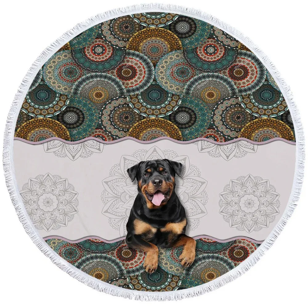 3D Black Dog Mandala Round Beach Towel Kawaii Dog Animal Little Daisy Polyester Absorbent Bath Towel For Bathroom 150cm