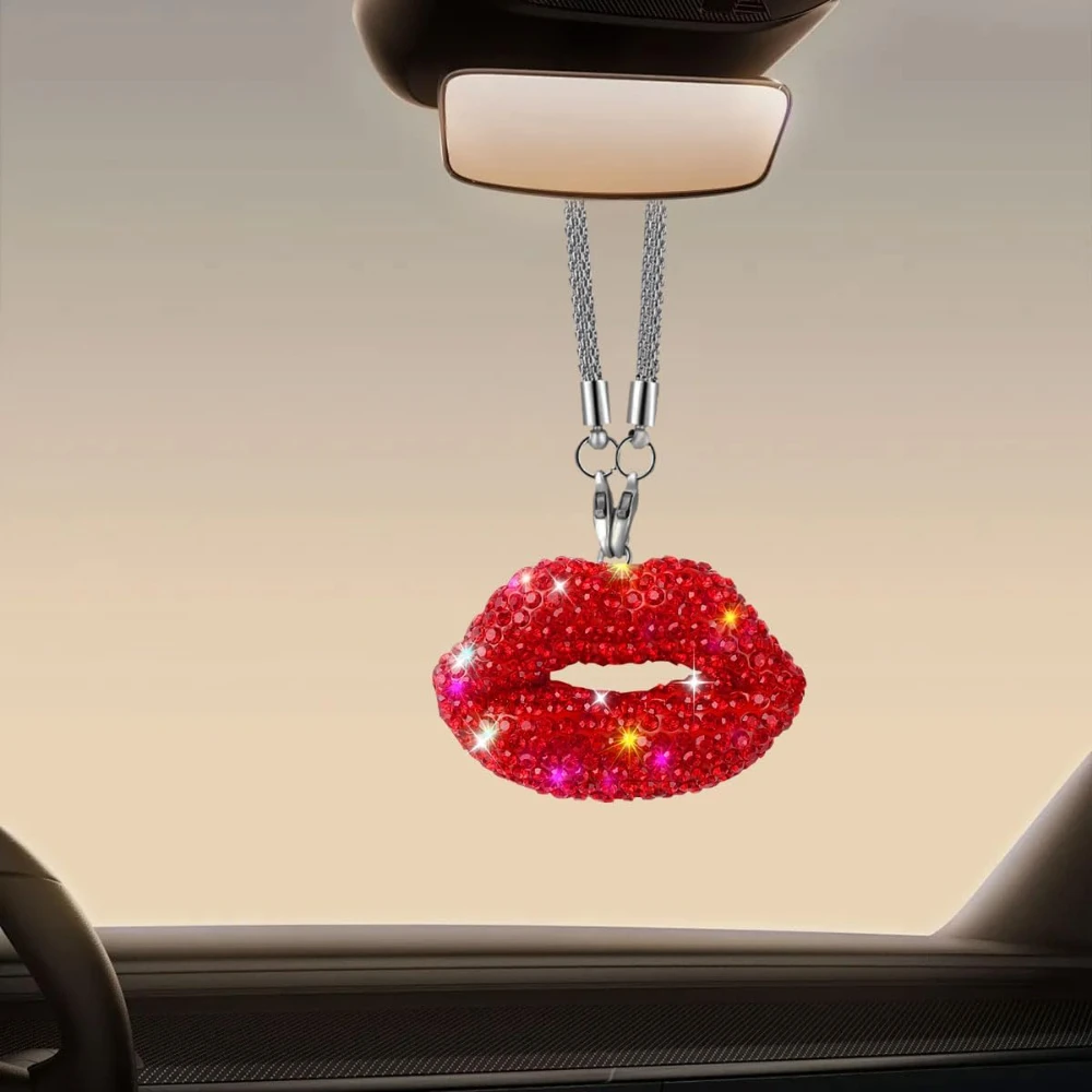 

Bling Lip Diamond Car Hanging Accessories for Women Crystal Rhinestone Rear View Mirror Charm Lucky Car Decor Pendant Auto