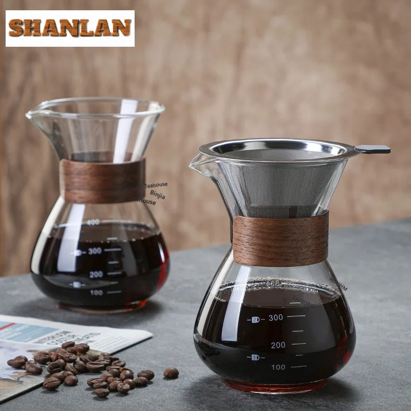 

400ml Plain Wooden Card Coffee Pot Hand Washed Glass Pot Set Household Coffee Pot With Filter Cup Ornaments Coffee Supplies Gift