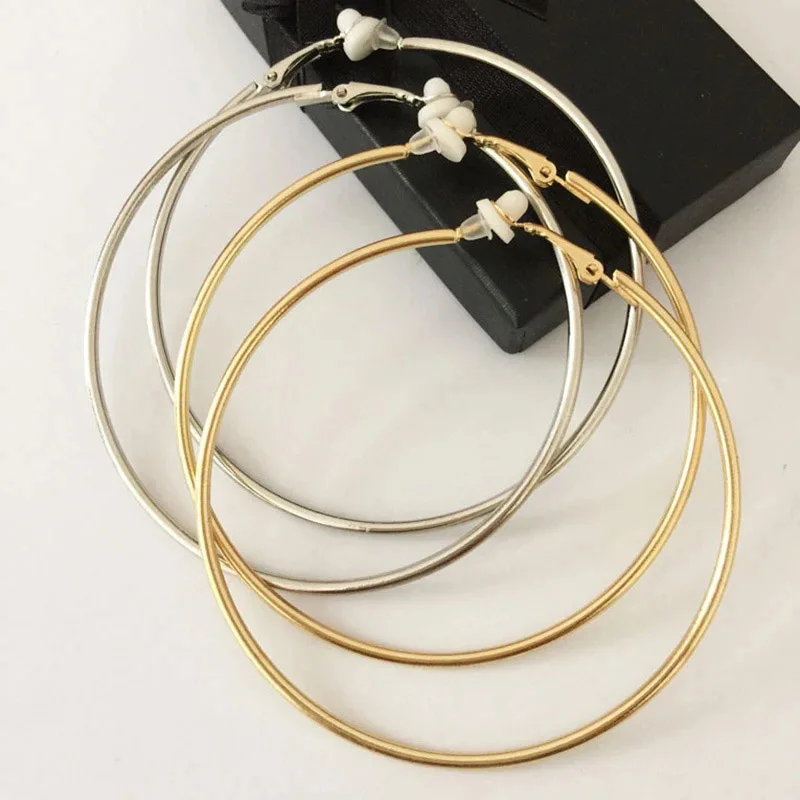 60mm Smooth Big Round Hoop Ear Clips Non Pierced for Women Fashion Golden Exaggerated Simple Clip on Earrings Jewelry