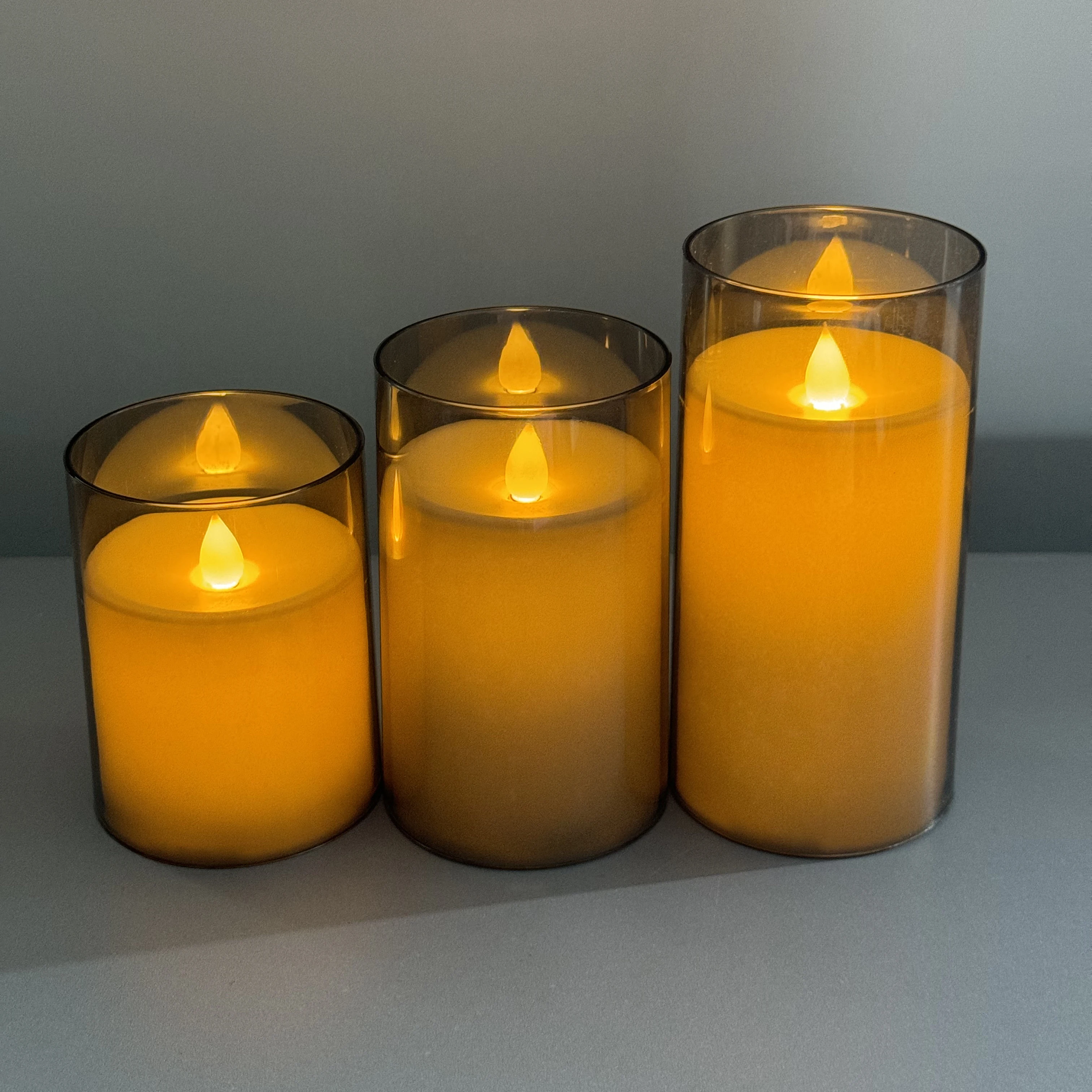 Vela electrónica sin llama de 3 uds hecha de material ABS con luz de vela de control remoto, vela electrónica gris avanzada
