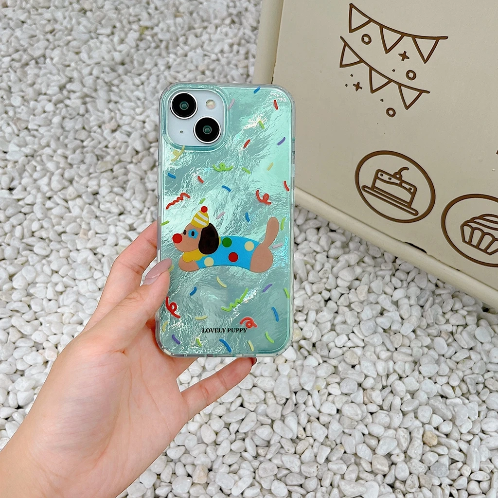 Cartoon Colored Ribbon Dachshund Dog Glossy Wrinkle Pattern Phone Cover Case For iPhone 15 14 13 12 11 Pro Max