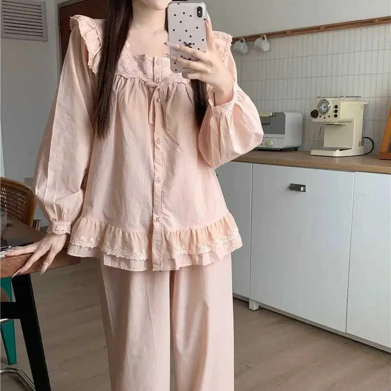 

Limiguyue Cotton Sweet Lace Sleepwear Spring Autumn Square Collar Pearl Button Pyjama Set Loose Pants Comfortable Homewear S594