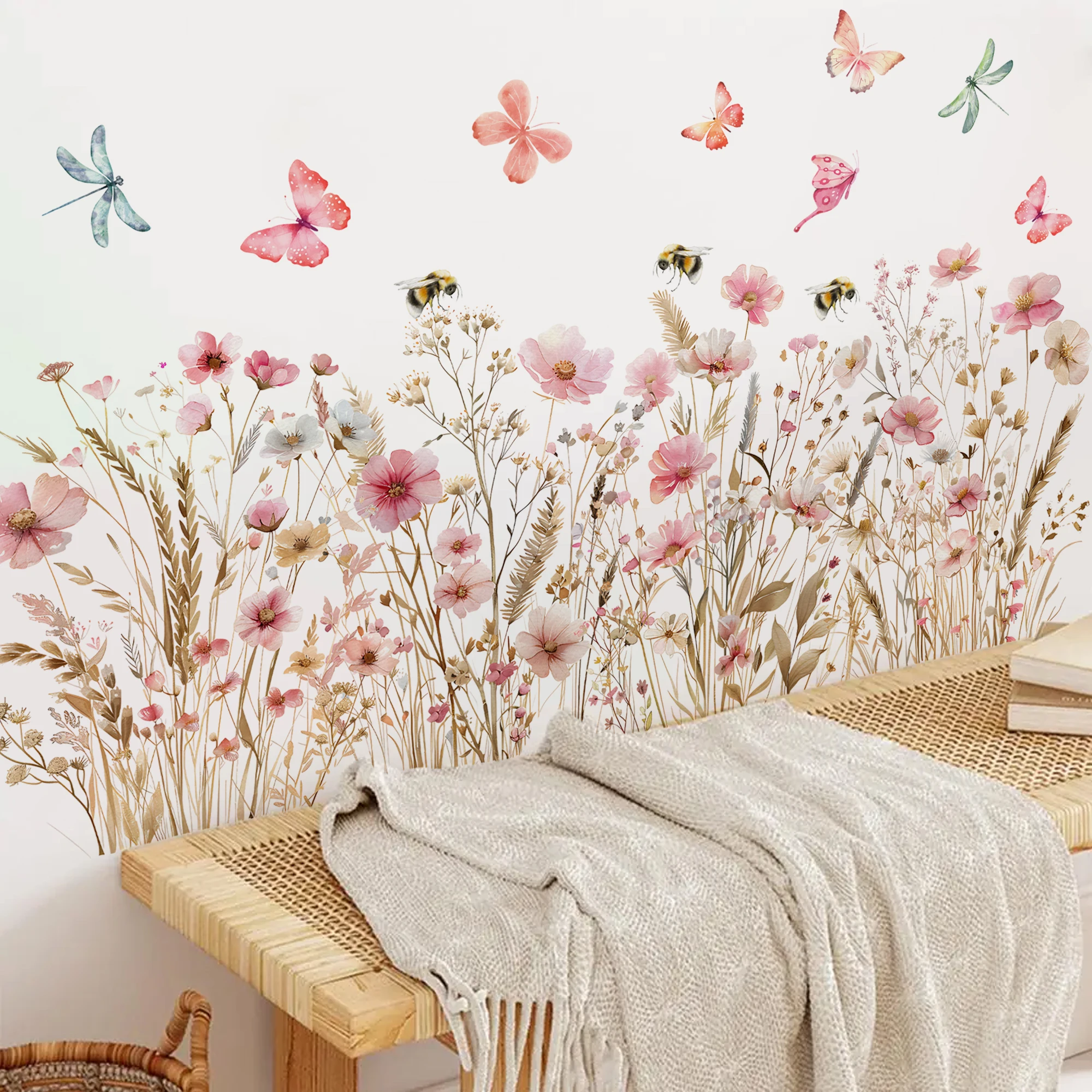 Painted Flowers Butterfly Bee Wall Sticker Living Room Girls Background Decal Mural Bedroom Living Home Decor Self-adhesive