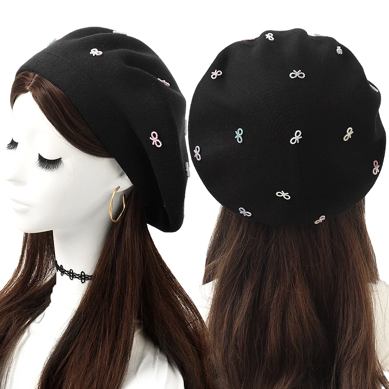 Women Coloured Pearl Bow Cashmere Berets Hat Fashion Solid Color Knitted Casual Berets Ladies French Artist Plain Beanie Cap