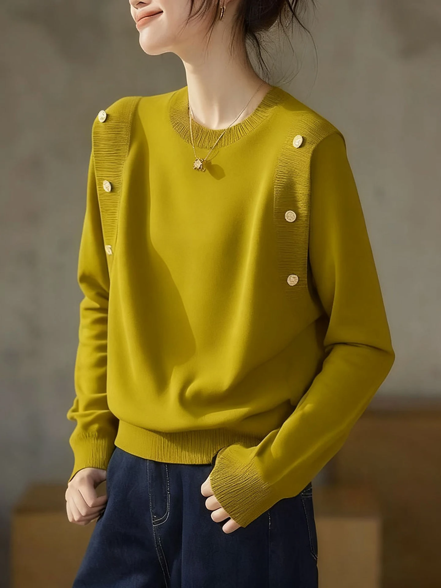 Lässiger gestrickter langer Sve-Pullover mit rundem Ne-Motiv, faionable Winter 2025, Damen-Oberbekleidung, lockere Passform, Farbe, Pendeln