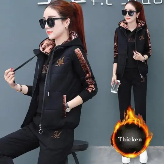 Women 3 Piece Set  Suit Tracksuit Winter Hoodies+Vest+Pants Track Suit Plus Velvet Warm Sporting Suits Female Clothes