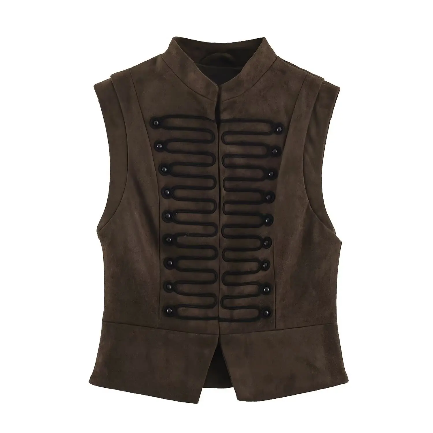 Womens Vintage Faux Suede Waistcoat Military Braided Button Stand Collar Sleeveless Jacket Slim Retro Steampunk Vest Top