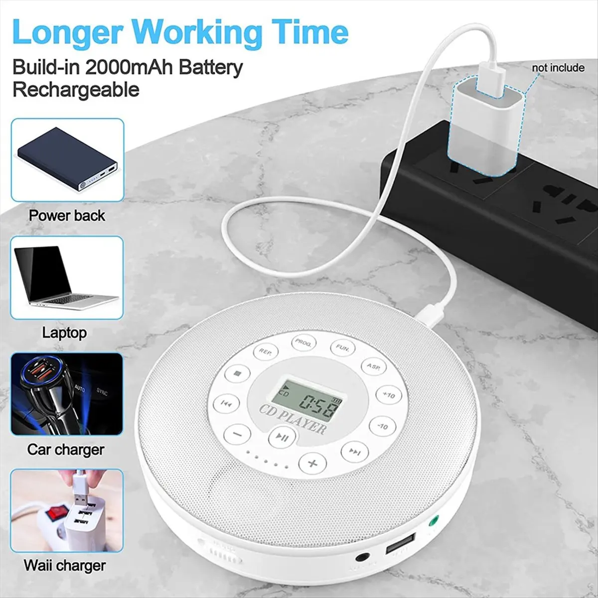 

2026 New + Bluetooth CD Player Portable Stereo Sound System Rechargeable Playback CD/CD-R/CD-RW/MP3 USB AUX IN Earphone Jack