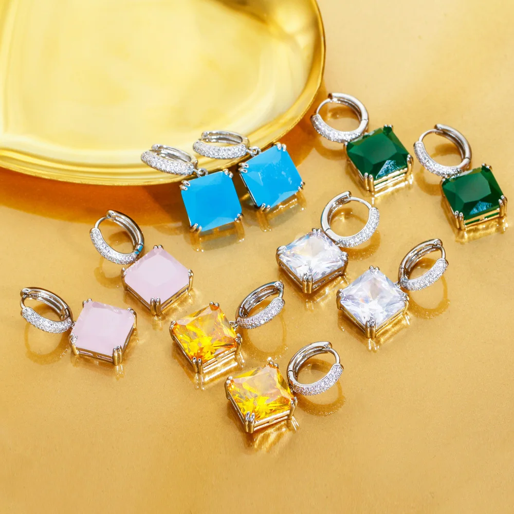 CWWZircons Vintage Princess Cut Emerald Drop Earrrings for Women Party Green Cubic Zircon Huggie Hoop Female Jewelry Gifts E0854