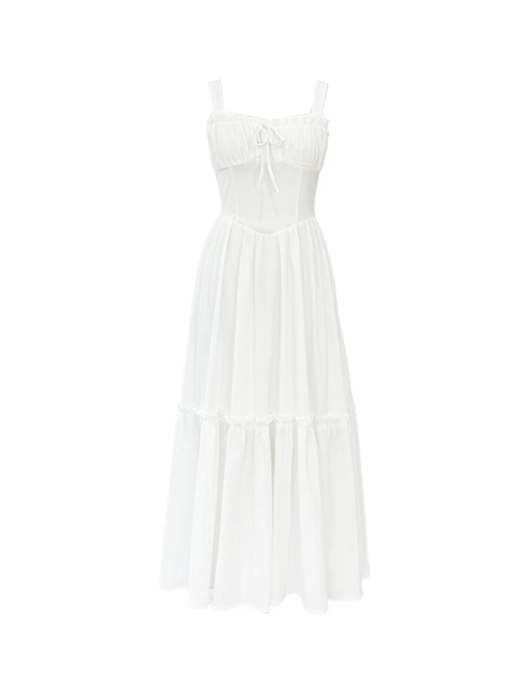 Süße weiße Riemen Dr Damen Sommer neue kleine Größe Strand Urlaub langen Rock koreanische Sle hohe Taille Polyesterfaser