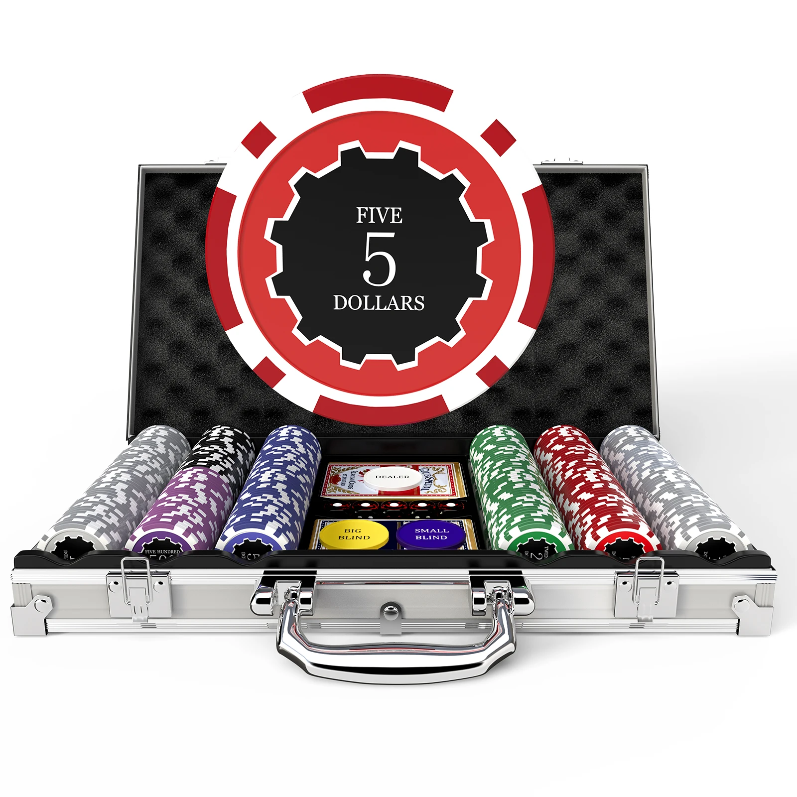 300-Piece Poker Set Weighted 11.5g Chips with Numbered Denominations, Premium Aluminum Case, Complete with 5 Dice & Dual Card De