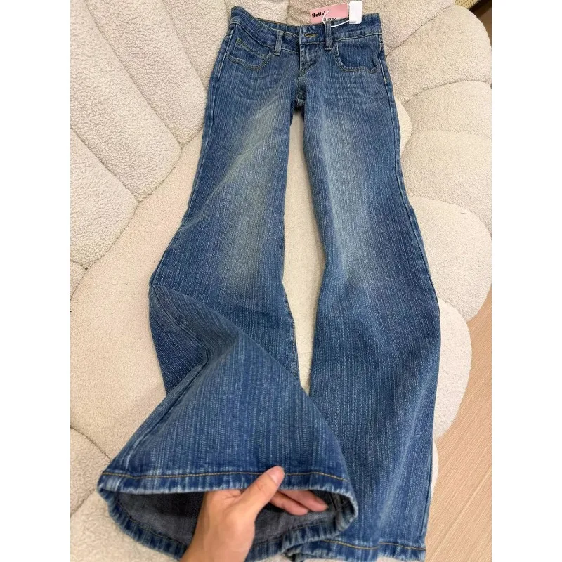 

American Retro Blue Design Sense Bamboo Texture Loose Micro-horn Jeans Women's Summer New Low-rise Horseshoe Pants