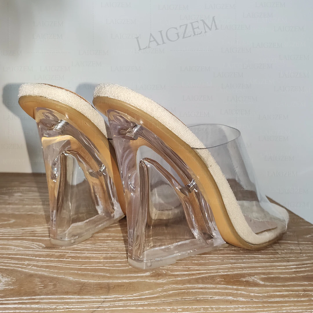 ZHIMA Women Sandals Clear PVC Mules Wedges Peep Toe Slip On High Heels Pumps Transparent Ladies Shoes Woman Large Size 43 46 47