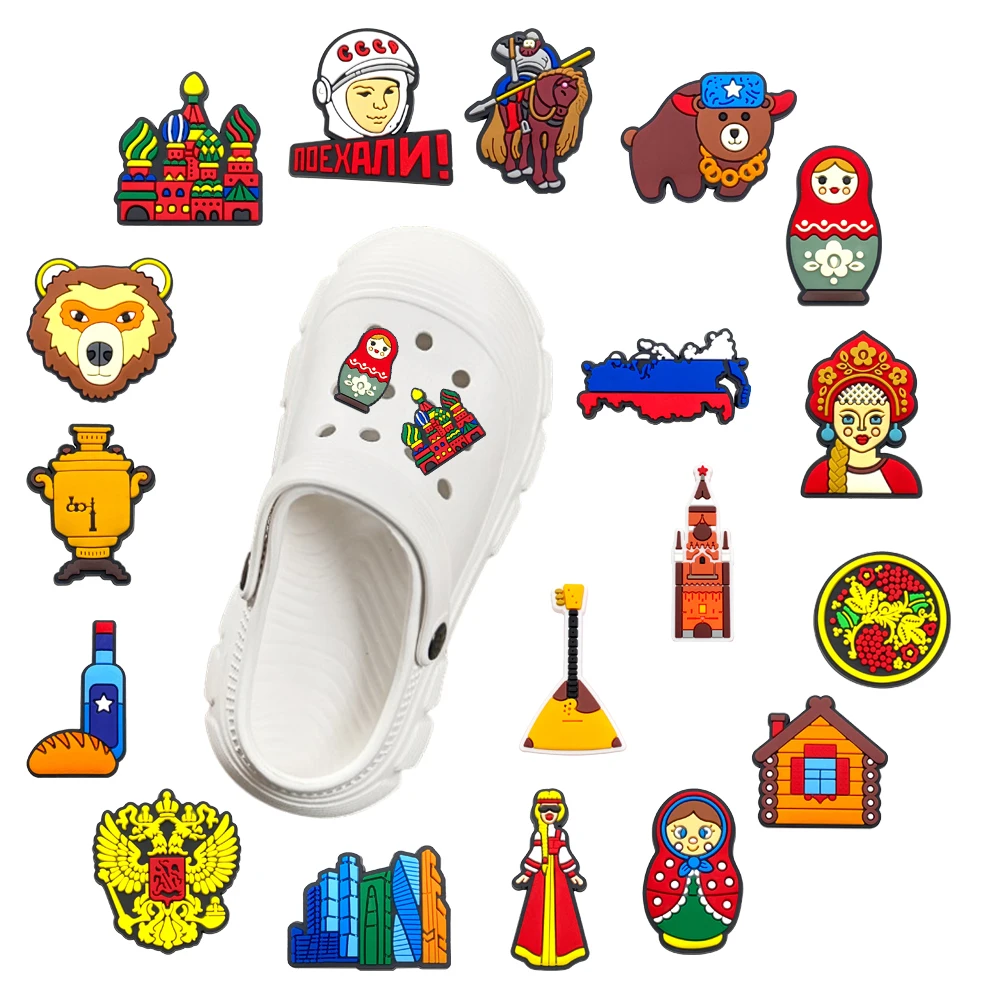 1-18pcs Cartoon Russia style Series PVC Shoes Accessories Fit with Hole wristbands DIY Waterproof Fashion footwear accessories