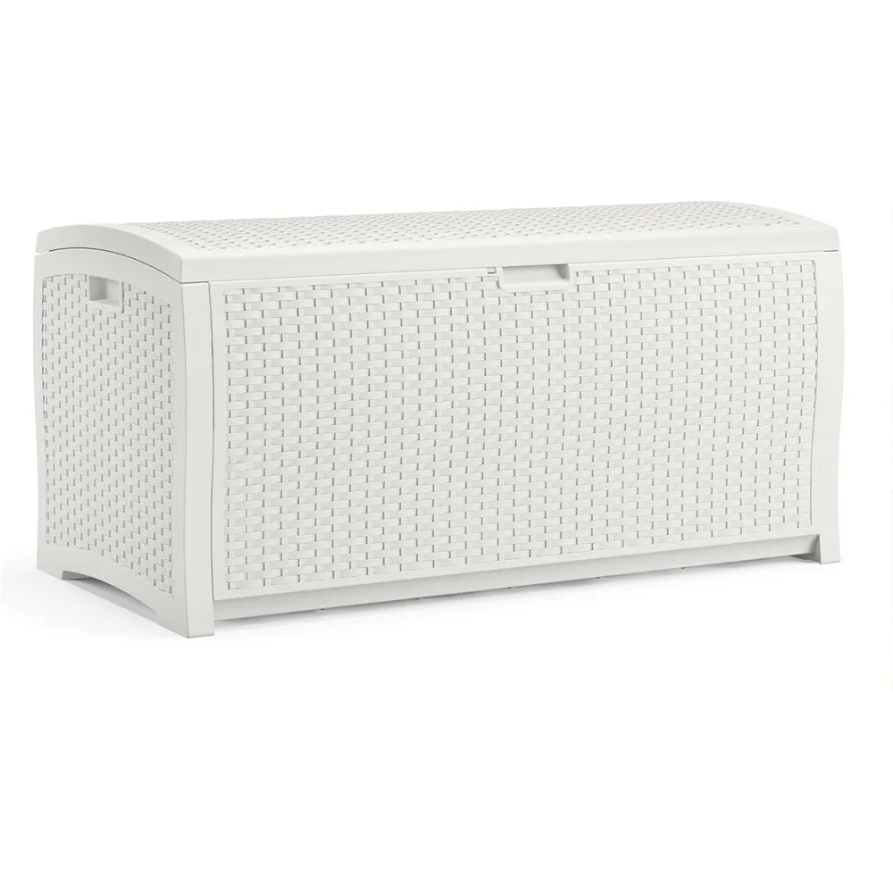 99 Gallon Heavy Duty Resin Wicker Horizontal Outdoor Deck Box, White