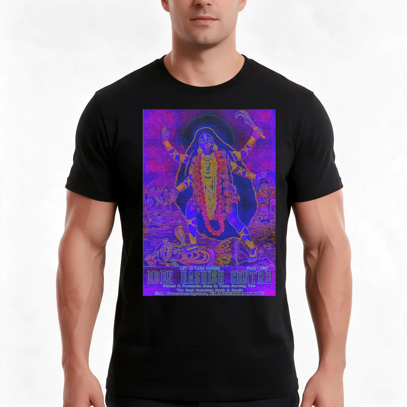 Vintage Illustrated Psychedelic Neon Poster From Nepal - EDEN HASHISH CENTRE (Goddess Kali) T-Shirt, Summer Casual Cotton Tee