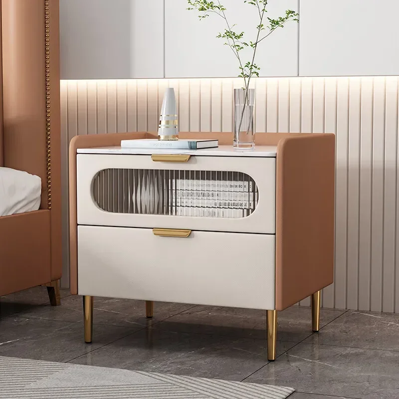 Creative design all solid wood modern light luxury minimalist rock slab bedside table high-end glass bedside storage locker