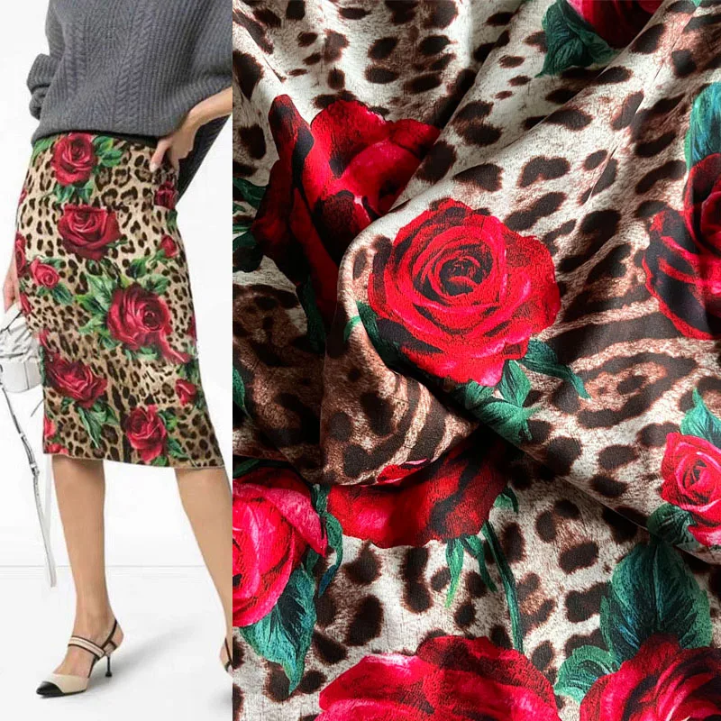 Fashion Leopard and Rose Flower Printed Soft Polyester Fabric For Woman‘s Spring/Autumn Dress Pants DIY Cloth Sewing