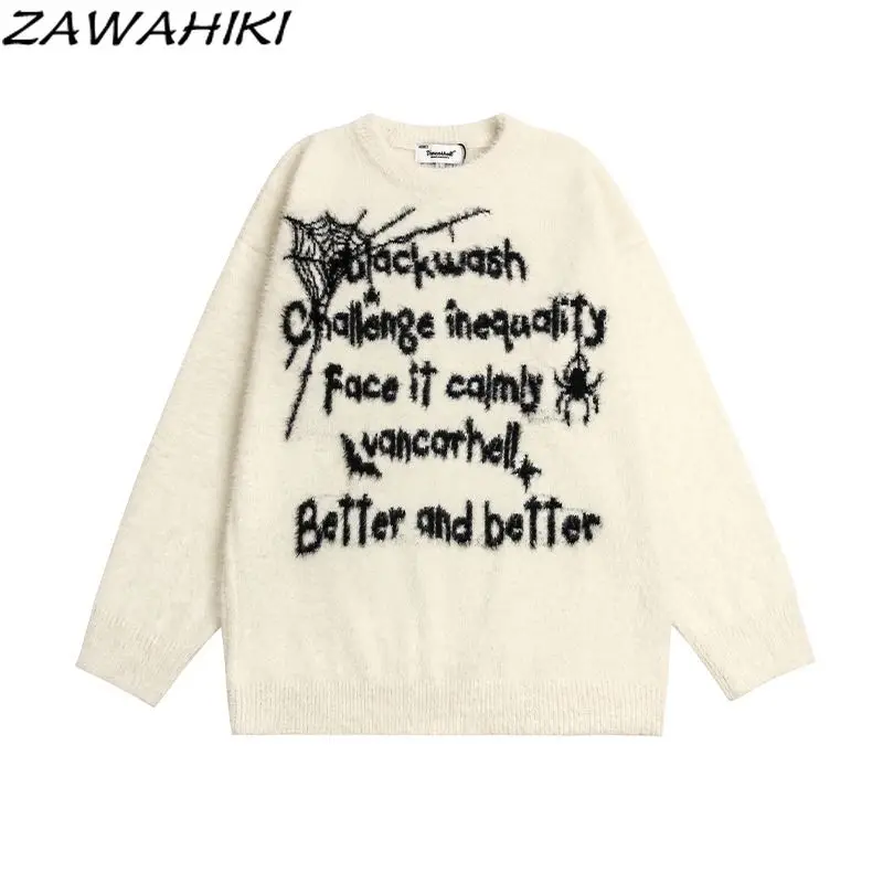 

ZAWAHIKI Letter O-neck Fall Winter Loose Warm Soft Oversized Sweater Women Lovers Y2K Long Sleeve Casual Versatile Streetwear