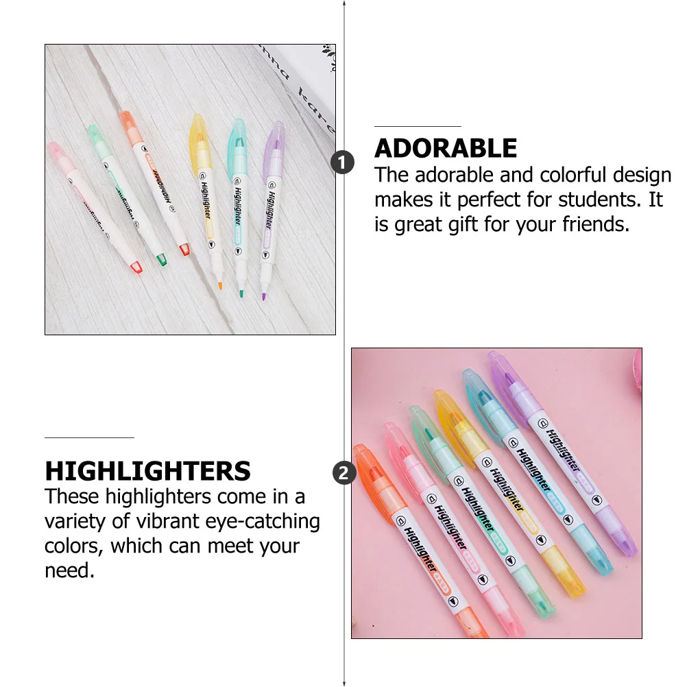 6 Pcs Highlighter Highlighters Pastel Marker Broad Tip Clear View Pen Students Stationery Double Ended Plastic