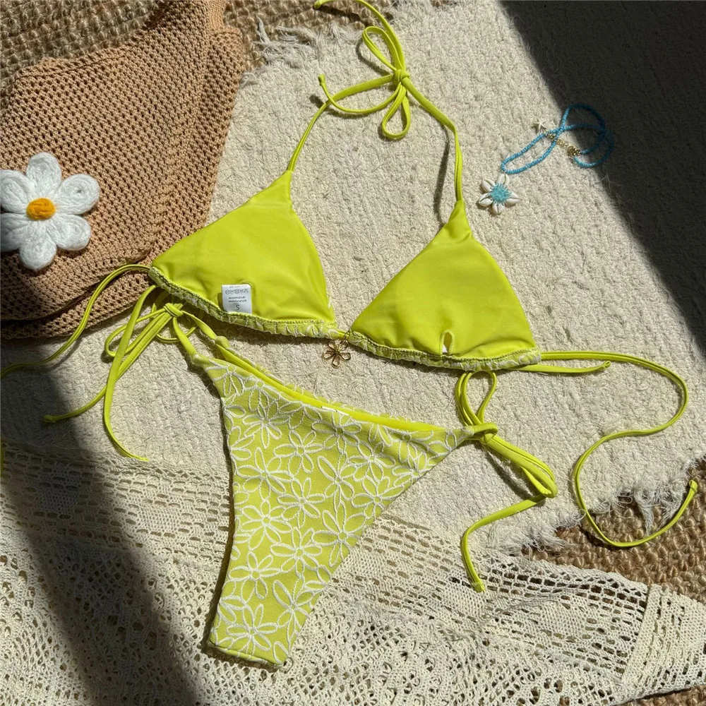 Sexy Zwarte Bloem String Halter Driehoek Bikini Micro String Badpak 2025 Vrouw Roze Badmode Badpak Bikini Sets Biquinis
