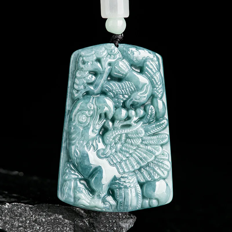 Natural A-grade Jadeite Blue Water Parrot Pendant Wise Divine Martial Glutinous Jade Pendant For Men's Charms Women's Jewelry