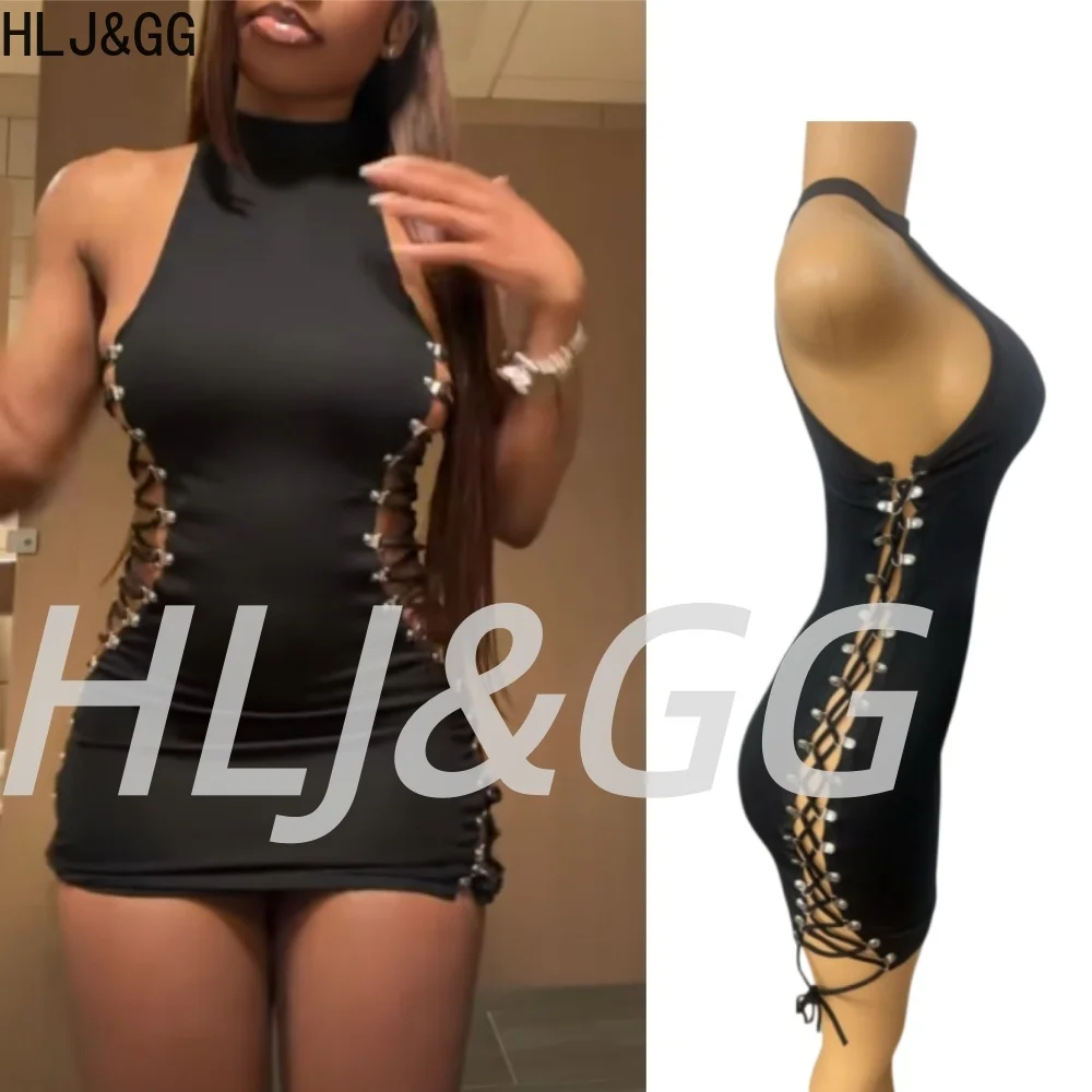 

HLJ&GG Black Sexy Hollow Bandage Bodycon Mini Dresses Women Round Neck Sleeveless Slim Vestidos Fashion Female Solid Dress 2026