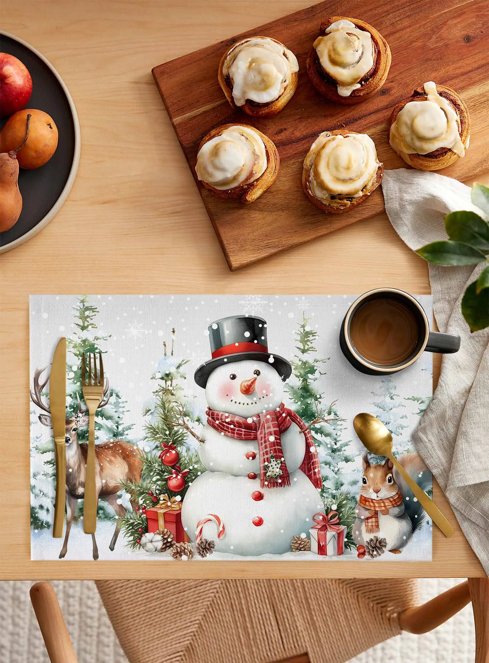 4PCS Christmas Snowman Berry Pine Christmas Tree Squirrel Placemats Linen Dining Table Mats Coaster Kitchen Home Decoration